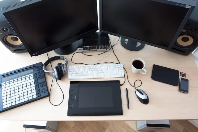 computer, company, home office, workplace, office, graphics tablet, keyboard, mouse, digital crayon, screens, calibrated, pc, graphics station, cable, speaker, film design, coffee, supervision, supervision, supervision, supervision, supervision, supervision. Advertising creative tools: how Adobe, Canva and Figma business models compare