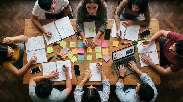 eam, workshop, office, collaboration, sticky notes, planning, strategy, brainstorming, table, overhead, people, working, laptop, notebooks, creativity, business, meeting, together, analysis, group, ai generated. Advertising creative tools ninety day plan for a pilot